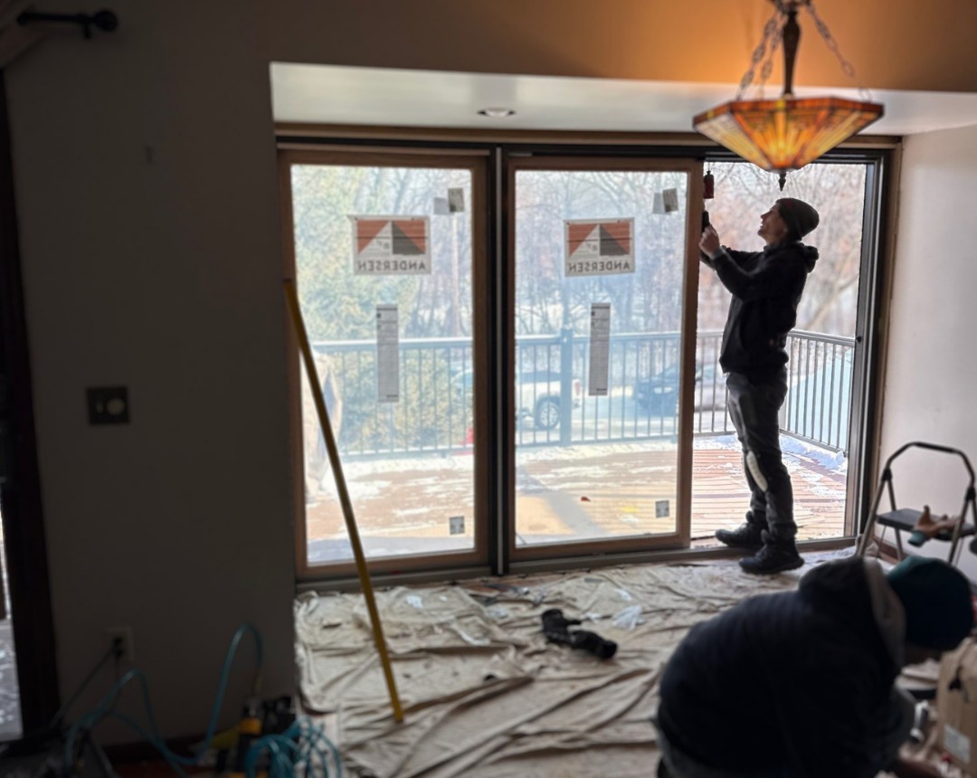 Andersen patio door installation in progress in New Brighton, MN