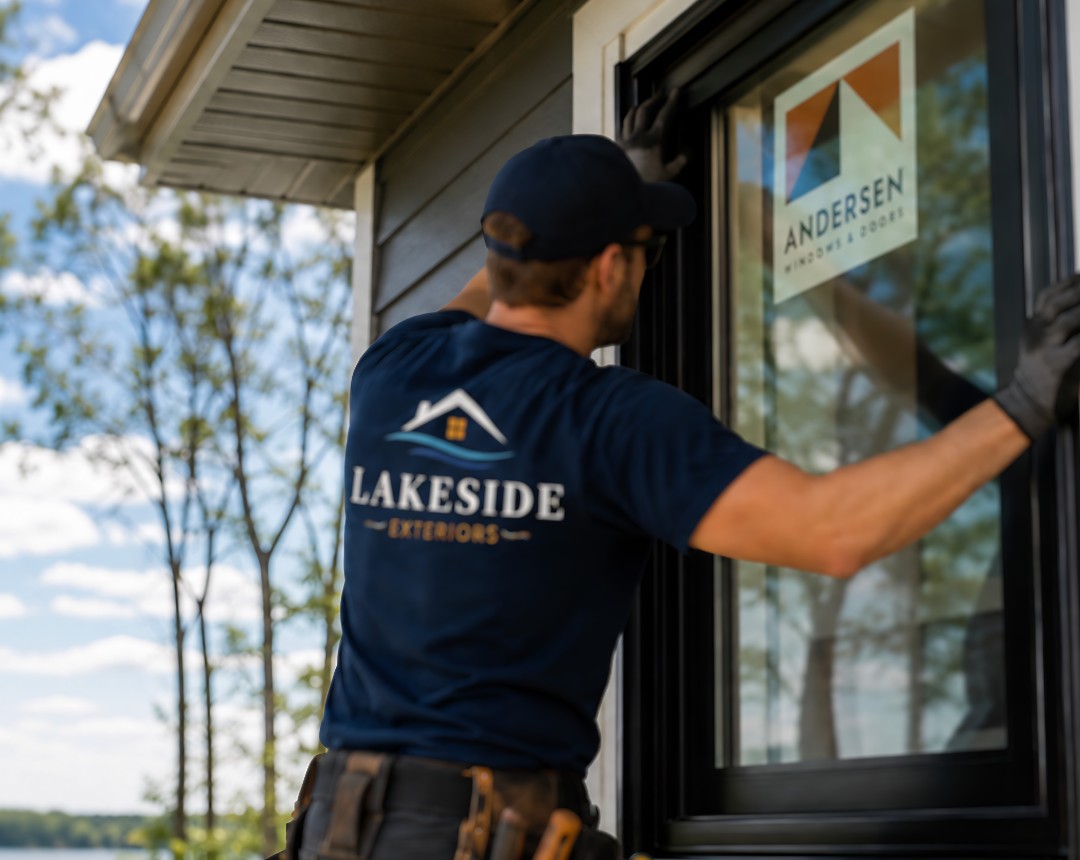 Lakeside Windows & Doors crew installing an Andersen replacement window on a home in Mound, MN